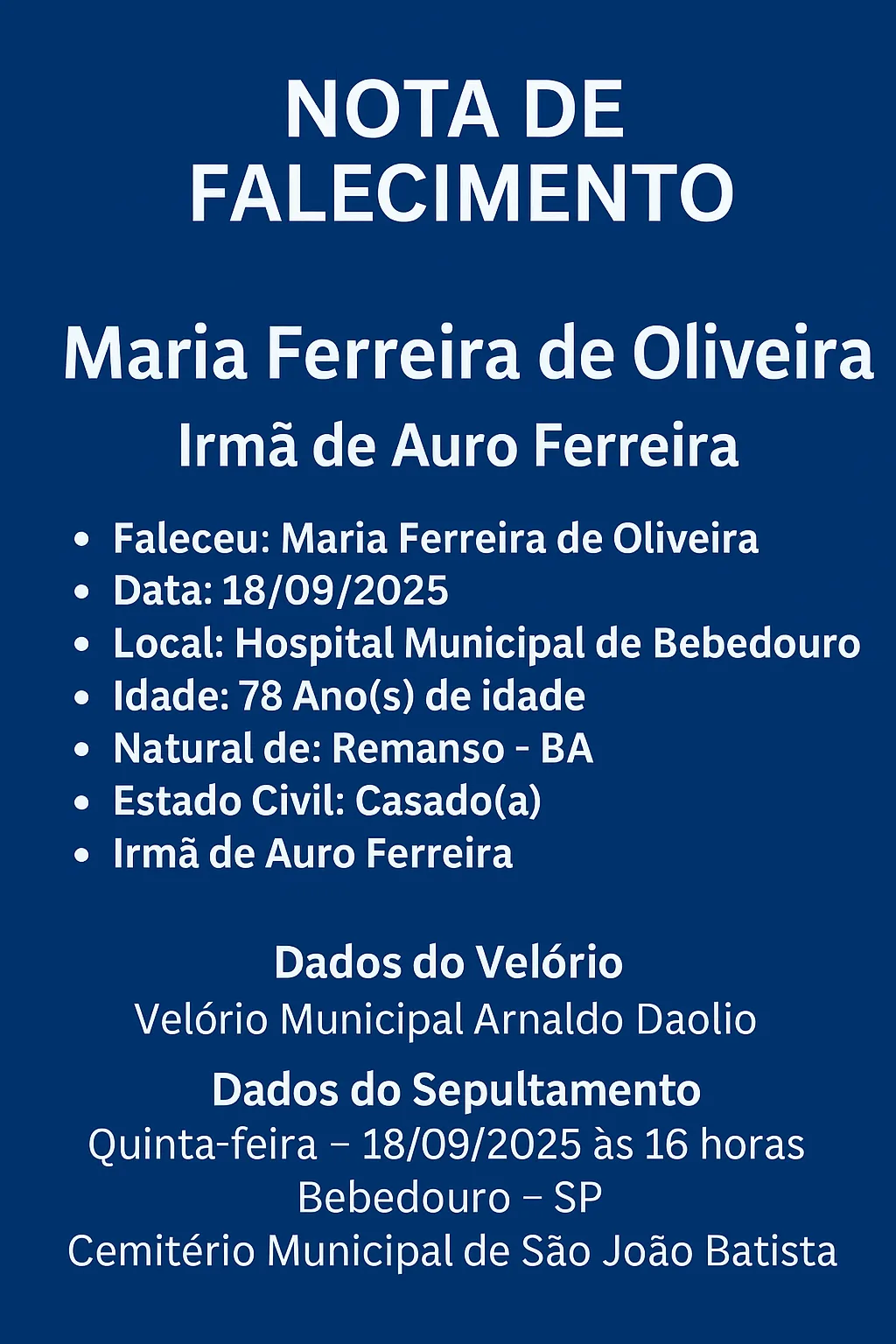 FALECEU MARIA FERREIRA DE OLIVEIRA