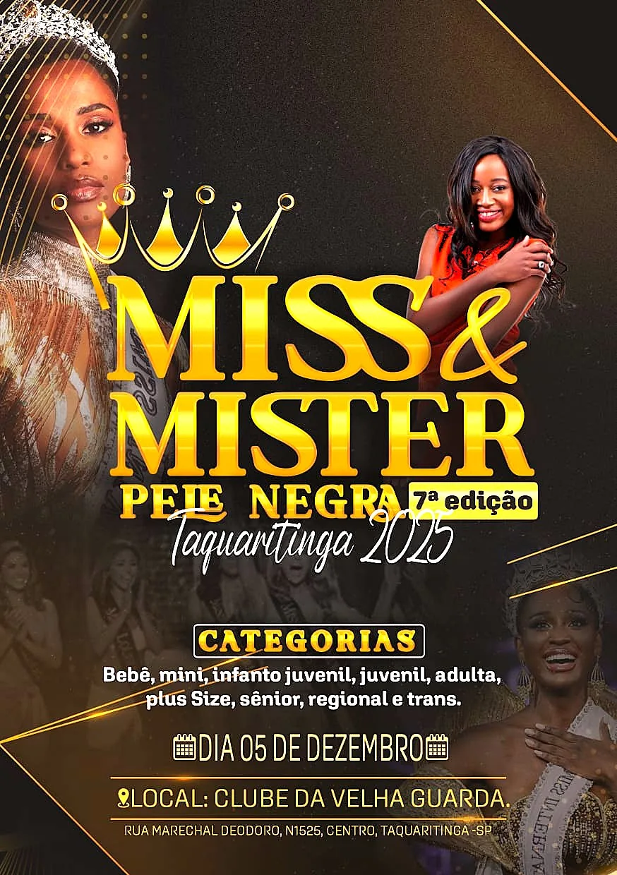 
  Beleza e representatividade em destaque no Miss e Mister Pele Negra Taquaritinga 2025