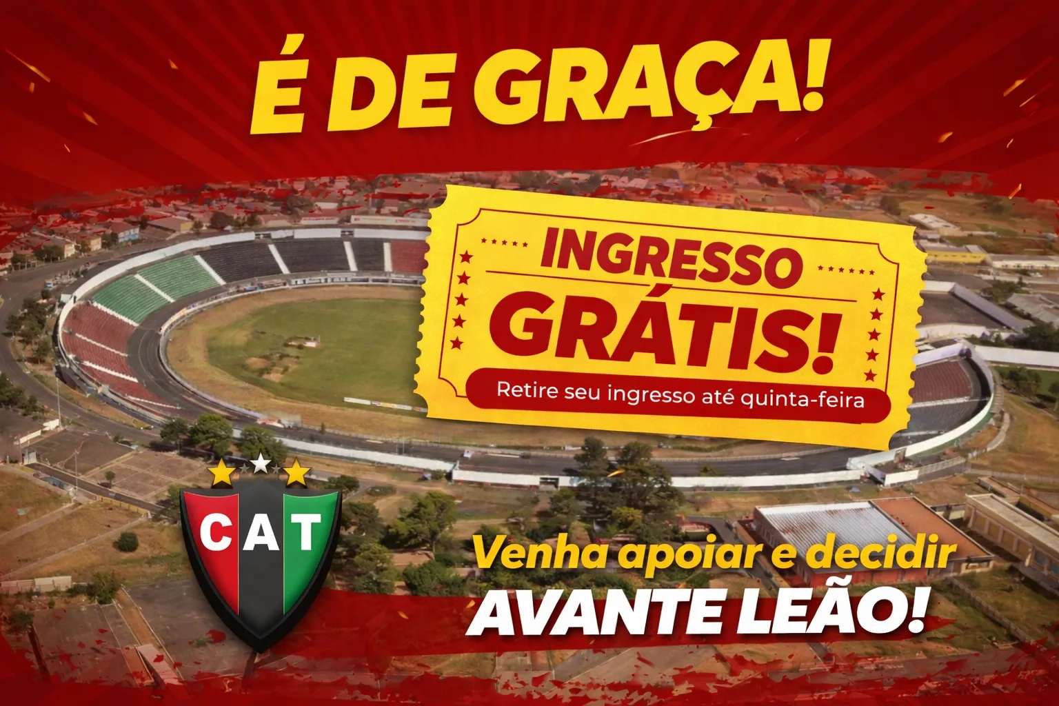 
  DE GRAÇA NO TAQUARÃO: CAT CHAMA A TORCIDA PARA JOGO DECISIVO NESTE SÁBADO