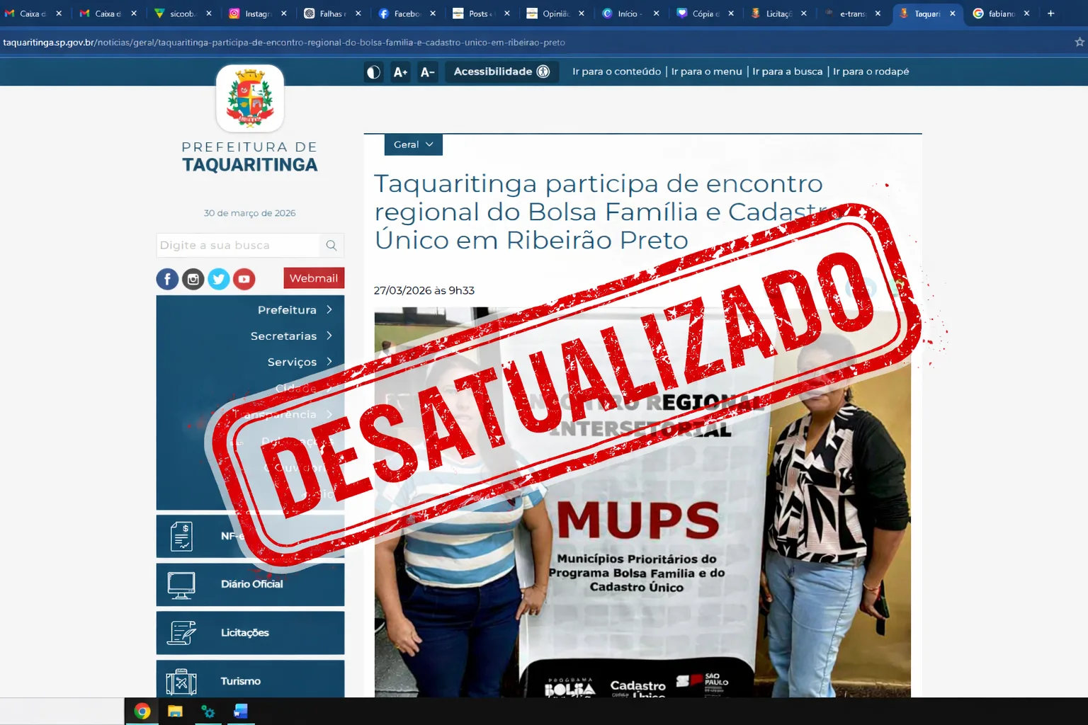 
  Site da Prefeitura de Taquaritinga expõe falhas graves de atualização