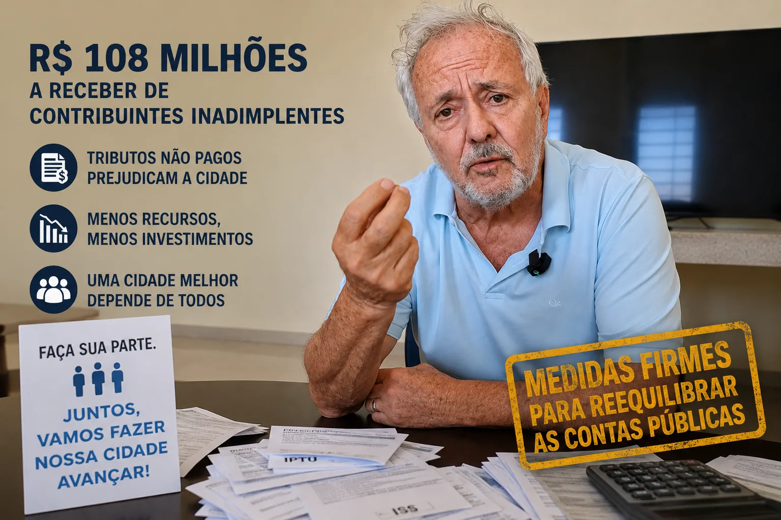 
  “Faça sua parte que nós vamos fazer a nossa”, diz prefeito em desabafo sobre dívida de R$ 108 milhões da população