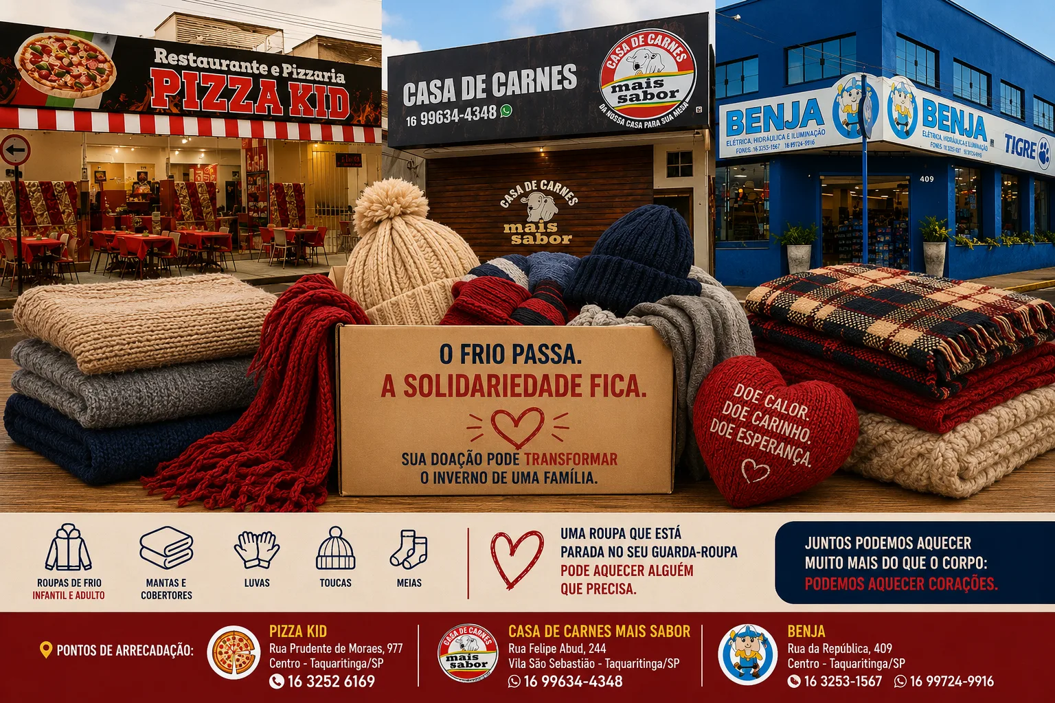 
  Pizza Kid, Casa de Carnes Mais Sabor e Benja se unem para aquecer famílias em campanha do agasalho